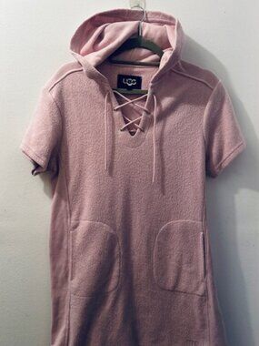 UGG Yasmine Mixed Rock Salt Soft Pink Tie V Neck Plush Hoodie Mini Dress NEW